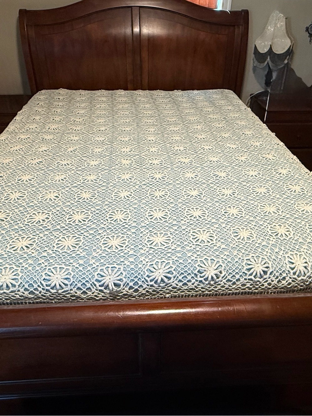 Handmade Crochet Bedspread in Cream and Light Blue